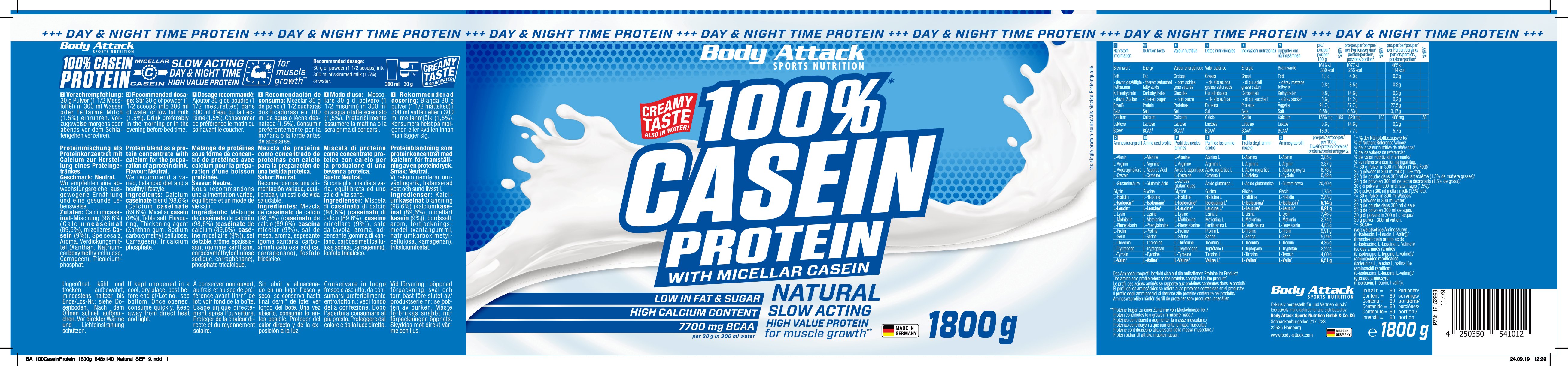 Body Attack 100 % Casein Protein (1800g Dose)