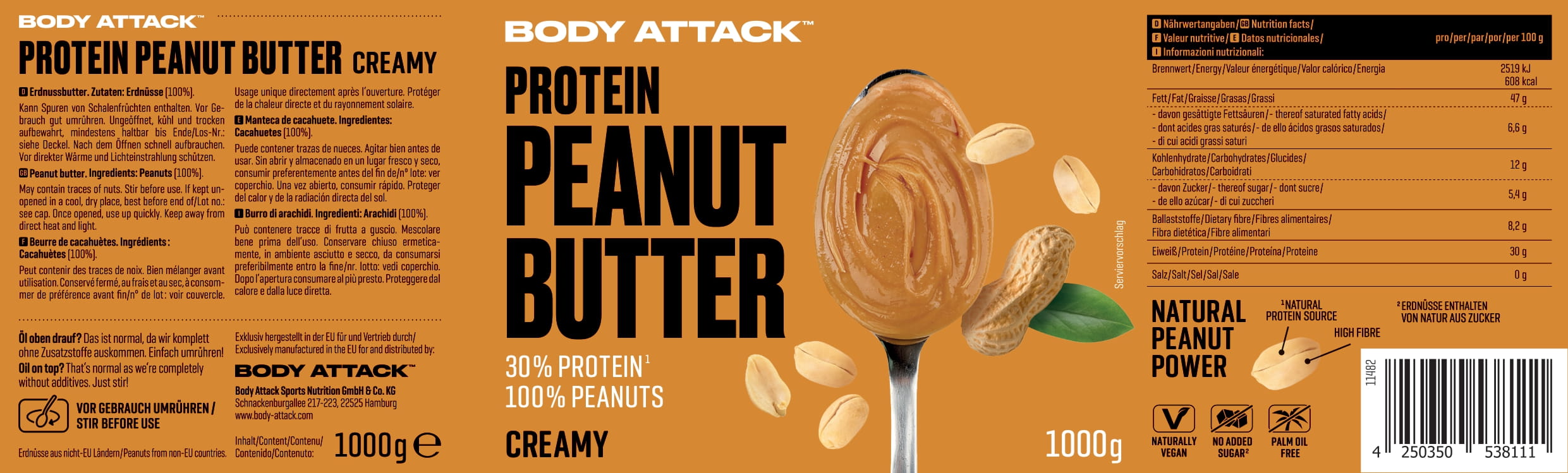 Body Attack Peanut Butter Natural (1000g Dose)