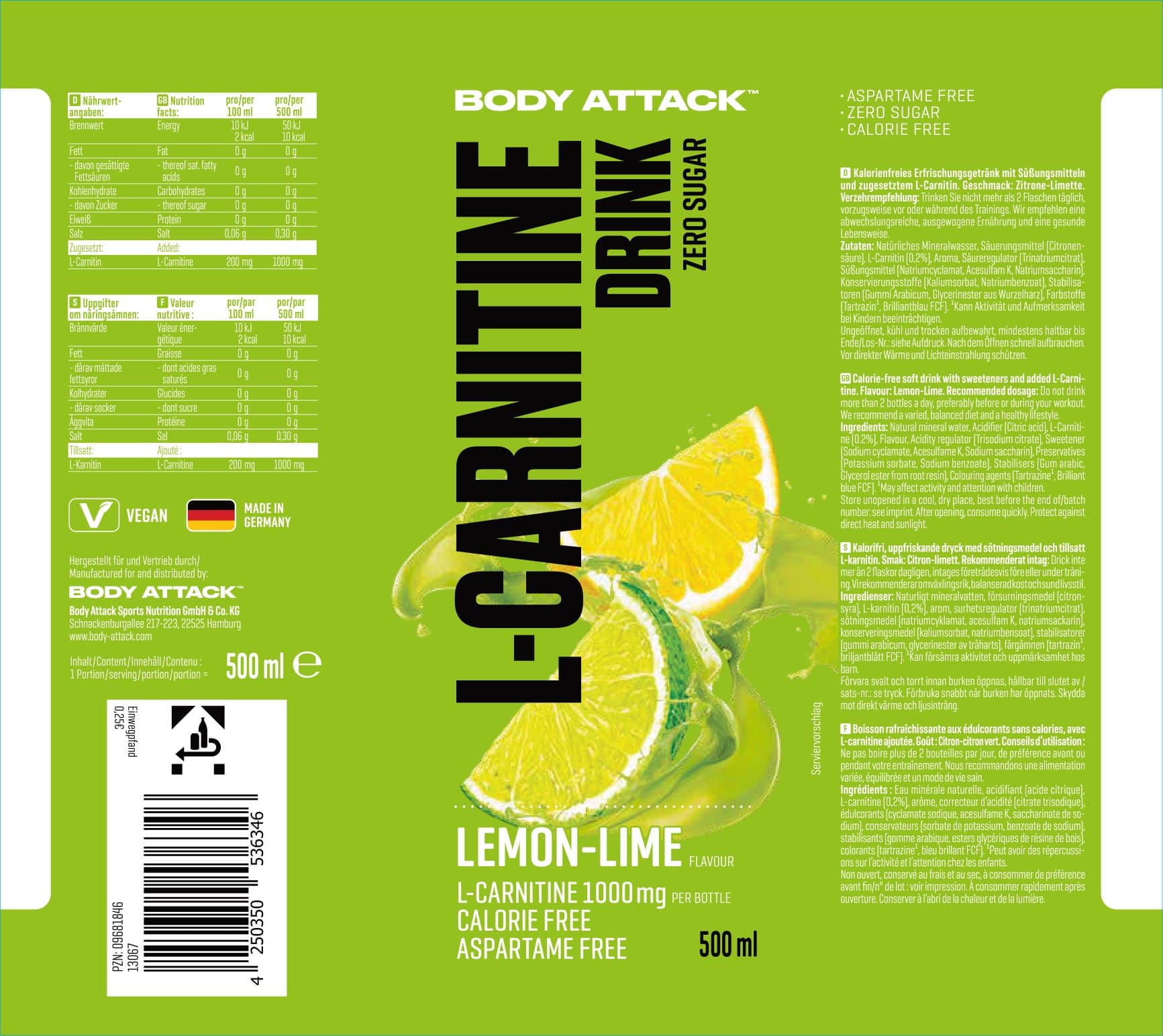 Body Attack L-Carnitine Drink (18x 500 ml)