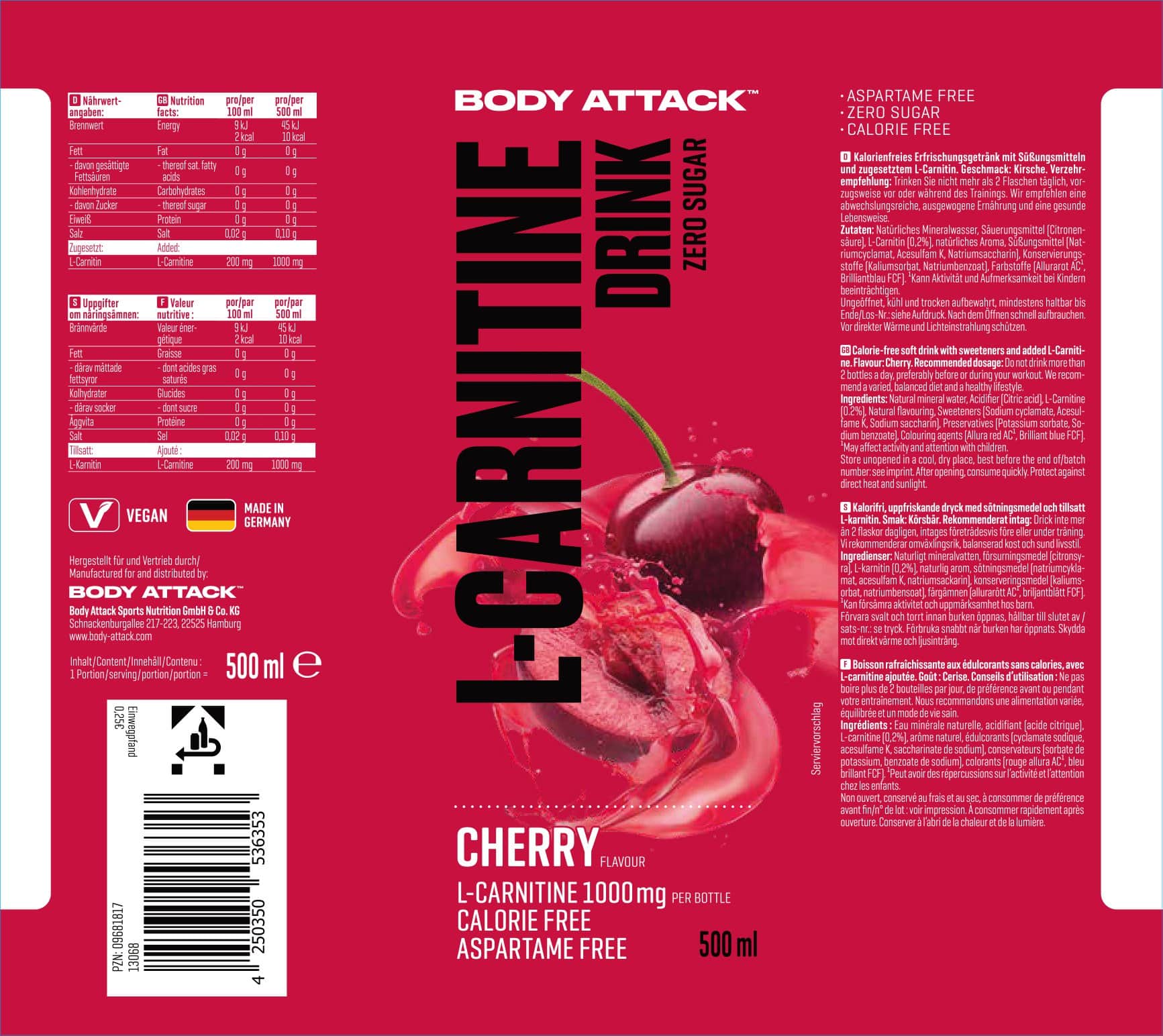 Body Attack L-Carnitine Drink (18x 500 ml)